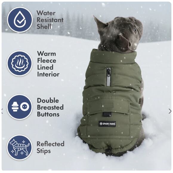 Spark Paws Olive Green Warm Shield Water Resistant Fleece Jacket Large - Picture 6 of 7